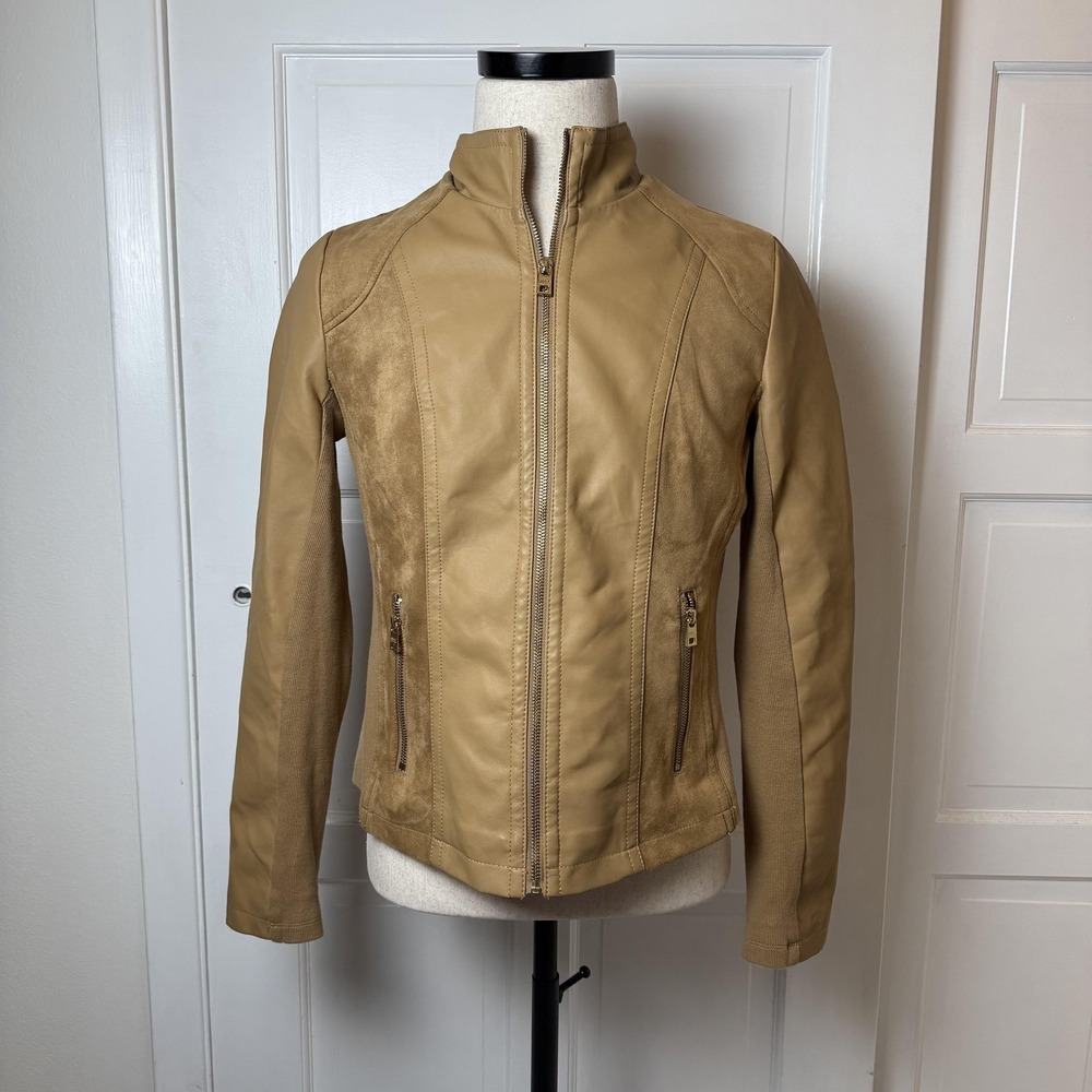 Marc New York Jacket Womens Medium Tan‎ Faux Leather Full Zip Moto Style Pockets